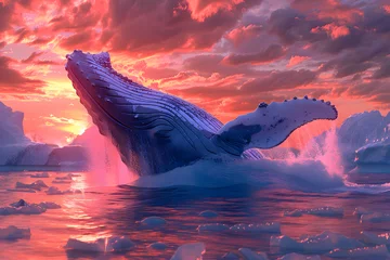 Foto op Canvas hermoso atardecer en medio del mar, ballenas y un cielo muy lindo © topvnchiAi