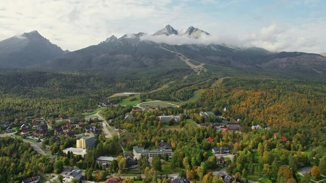 Aerial drone view of Tatranska Lomnica resort town in High Tatras, Slovakia