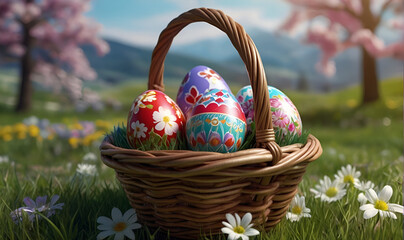 Easter eggs, in a basket made of vines, on the background of nature and flowers - obrazy, fototapety, plakaty