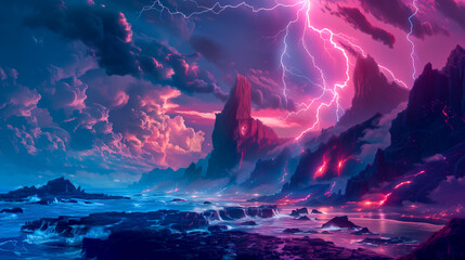 Lightning thunderstorm flash over the night sky. Concept on topic weather, cataclysms (hurricane,...