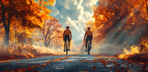 Two cyclists on rural trail at dusk. Scenic countryside cycling, friendship and leisure activity concept, Outdoor cycling, adventure travel concept - obrazy, fototapety, plakaty