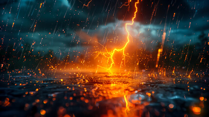 Lightning thunderstorm flash over the night sky. Concept on topic weather, cataclysms (hurricane, Typhoon, tornado, storm) - obrazy, fototapety, plakaty
