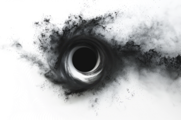 black hole surrounded by swirling gas and dust,  against a white background to highlight its mysterious and powerful nature.