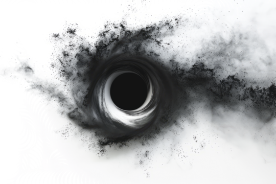 black hole surrounded by swirling gas and dust,  against a white background to highlight its mysterious and powerful nature.