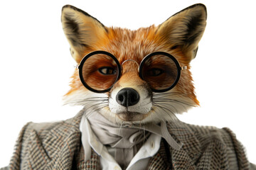 Stylish fox wearing round sunglasses and a linen summer suit, isolated on white