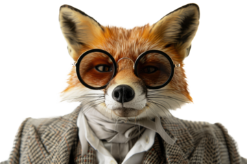 Stylish fox wearing round sunglasses and a linen summer suit, isolated on white