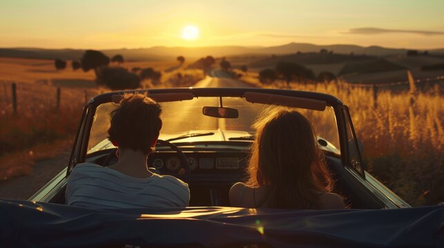 Pareja de j&oacute;venes viajando en un coche descapotable por la carretera