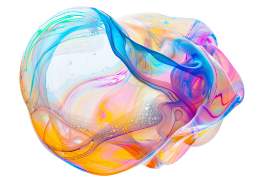Ephemeral soap bubbles, iridescent colors and shapes on a white background.