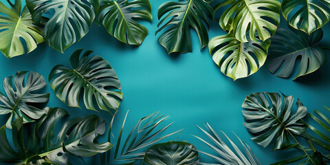 Tropical leaves on blue background with copy space for text Exotic foliage in 3D ing Vibrant nature concept for design