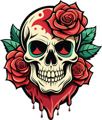 Skull with roses and blood. Vector illustration on white background. vintage