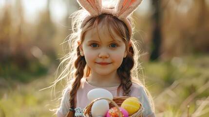 Cute little child wearing bunny ears on Easter day. Girl holding basket with painted eggs. - obrazy, fototapety, plakaty