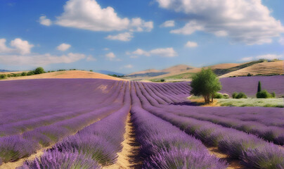 Hills of lavender blossom fields under sunny skies
