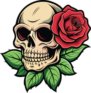Skull with Rose. Vector illustration t-shirt design vintage style