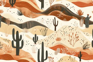 dry desert landscape illustration background with cactus and tumbleweed in warm earth tones as sandy beige, terracotta orange and rusty red. neat summer heat wild west concept design.  - obrazy, fototapety, plakaty