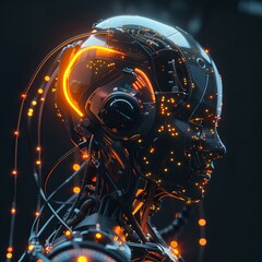 "Advanced AI-generated artwork portraying a pensive cyborg figure, seen from the side, adorned with glowing dots and intricate wire connections, gazing into the distance amidst a dark backdrop in high