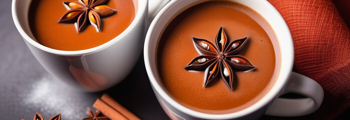 Aromatic Champurrado in two cups accompanied by cinnamon sticks and star anise, showcased on a white backdrop with free space for text.