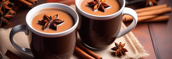 Aromatic Champurrado in two cups accompanied by cinnamon sticks and star anise, showcased on a white backdrop with free space for text. - obrazy, fototapety, plakaty