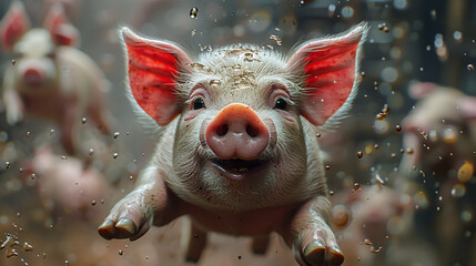 A pig is jumping in mud with other pigs. The pig is smiling and he is enjoying itself