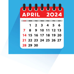 April 2024 Calendar Leaf. Calendar 2024 in flat style. April 2024 Calendar. Week starts on Sunday. Blank Calendar Template. Stationery Design. Vector Illustration