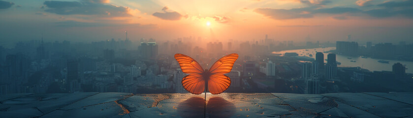 A butterfly is perched on a ledge in front of a city skyline. Concept of freedom and beauty, as the butterfly is a symbol of transformation and grace