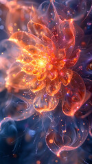 A flower with orange petals is shown in a blue background. The flower is surrounded by a lot of sparkles and he is glowing. Scene is one of beauty and wonder.