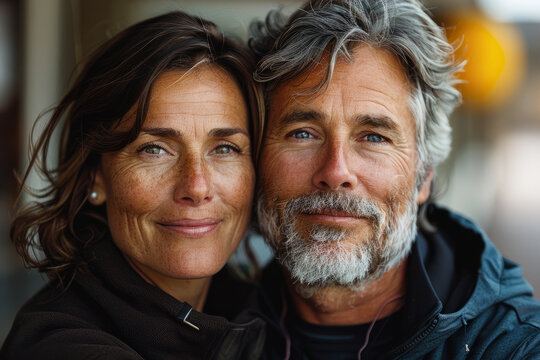A man and a woman are smiling at the camera. The man is wearing a sweater and the woman is wearing a sweater. older couple 55 plus, fitness, looking into the camera. Portrait in a warm colors