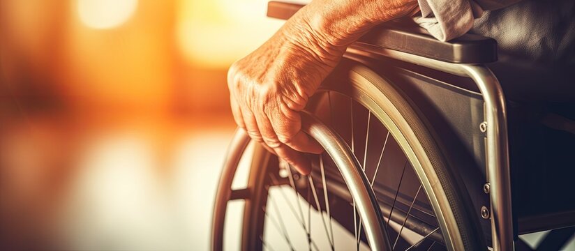A person sitting in a wheelchair, holding onto the wheel with their hand, navigating through a space