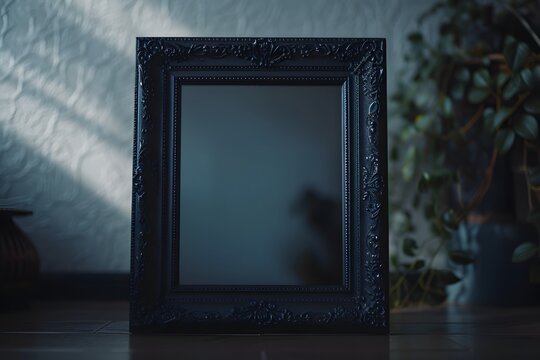 A picture frame sitting on a table next to a potted plant