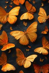 Fototapeta na wymiar A swarm of gold neon butterflies, top view, seamless pattern, with a vivid, contrasting dark background, highlighting intricate wing patterns.