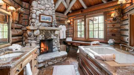 Fototapeta na wymiar A cabin-style bathroom with log walls, a stone fireplace, and a deep soaking tub
