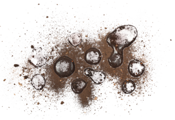 Dirt and water droplets, mud isolated on white background, top view	