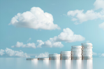 Coins in a row from low to high is comparable to saving money to grow more. The concept of growing savings and saving by investing in stock with blue sky background - obrazy, fototapety, plakaty