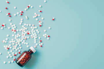 White and red pills in orange bottle on blue background with space for text