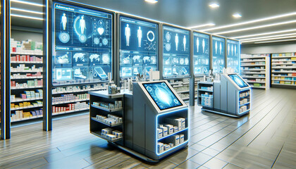 Futuristic Pharmacy Interior with Digital Interfaces health monitoring organized medication shelves . - 766421777