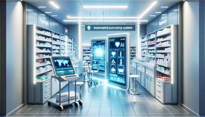 Futuristic Pharmacy Interior with Digital Interfaces health monitoring organized medication shelves . - 766421786