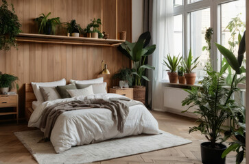 Cozy nook in a home garden, bedroom in white and wooden hues. Featuring bed, wooden floor, and a variety of plants. Interior design in urban jungle style. Biophilia concept.