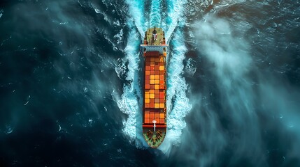 The cargo container ship , serve on the ocean, top view, trade economic world concept - obrazy, fototapety, plakaty