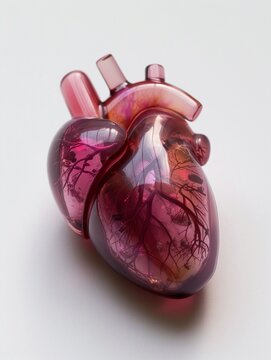 A stunning glass sculpture of a human heart, showcasing intricate details and a beautiful blend of pink and purple hues.Artistic Glass Heart Sculpture with Intricate Details
