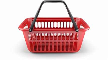 3D realistic vector illustration of a supermarket food cart, featuring a red empty basket with a black handle, isolated on a white background.