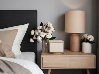 Charming bedside table arrangement with a lamp and blooming flowers, enhancing the serene ambiance of the Scandinavian-style bedroom.