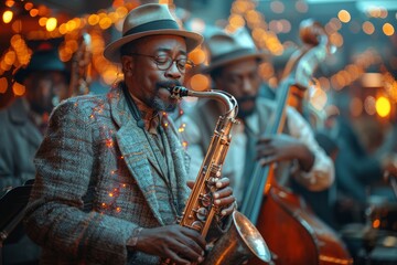 Jazz band performing on stage in a club. Afro-american musician playing saxophone with passion by the double bass player - obrazy, fototapety, plakaty