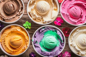 Array of different flavored colorful ice cream in plastic tubs displayed on an old wooden table at an ice cream parlor for delicious frozen snacks on a hot summer day. generative ai.