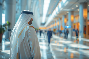 A prominent Arab man enters a building where an international exhibition is being held, investment projects and business development concept - obrazy, fototapety, plakaty