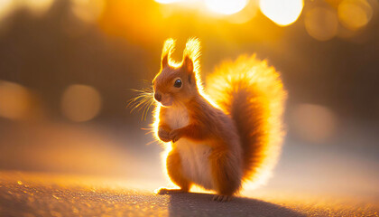 A cute squirrel sits sitting on the road. The sun's rays break through the autumn foliage of the...