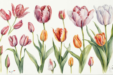 Beautiful portrayal of tulips arranged harmoniously on a pure white backdrop, creating contrast and tranquility.