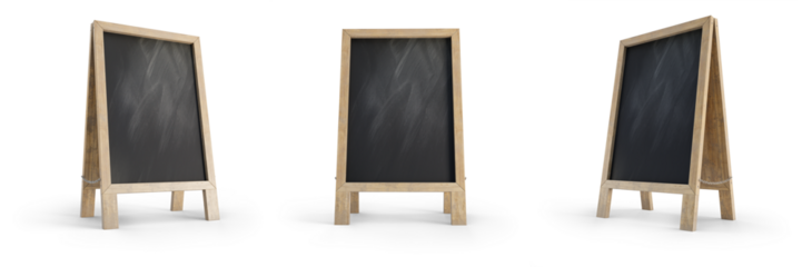 Set of mockup menu blackboard isolated on transparent background. Blank board for menu announcement. 3D render. 3D illustration.