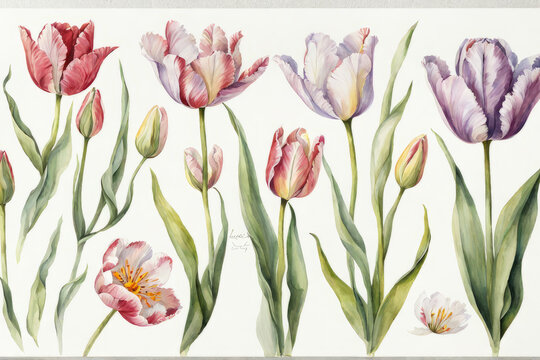 Luxurious representation of tulip flowers, scattered in an attractive composition on a white surface, emitting grace and style.