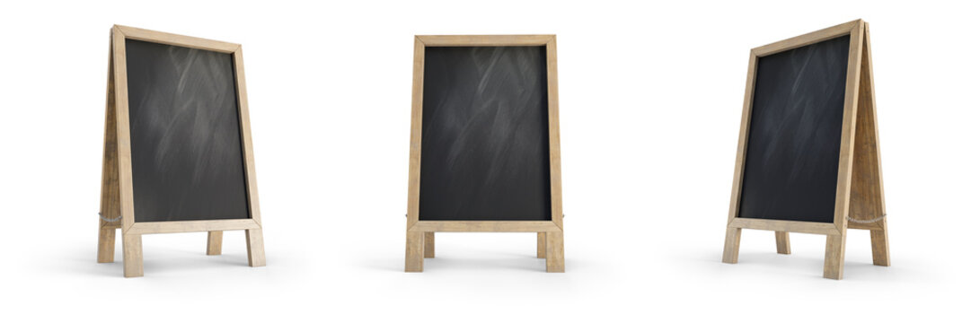 Set of mockup menu blackboard isolated on transparent background. Blank board for menu announcement. 3D render. 3D illustration.