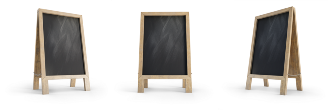 Set of mockup menu blackboard isolated on transparent background. Blank board for menu announcement. 3D render. 3D illustration.