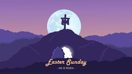 Vector illustration of Easter Sunday with silhouette cross on the hill and moon. Suitable for poster, banner, or background - obrazy, fototapety, plakaty